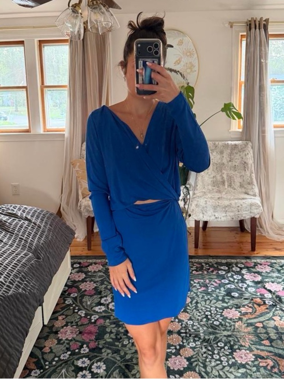 Elegant Blue Draped Women's Dress with Open Back